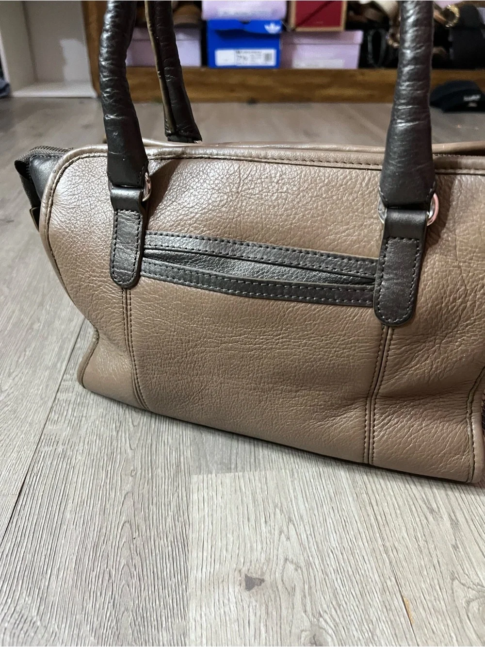 Classic Taupe Leather Briefcase with Black Trim